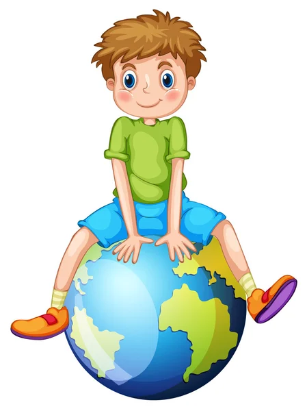 Little boy sitting on blue planet — Stock Vector