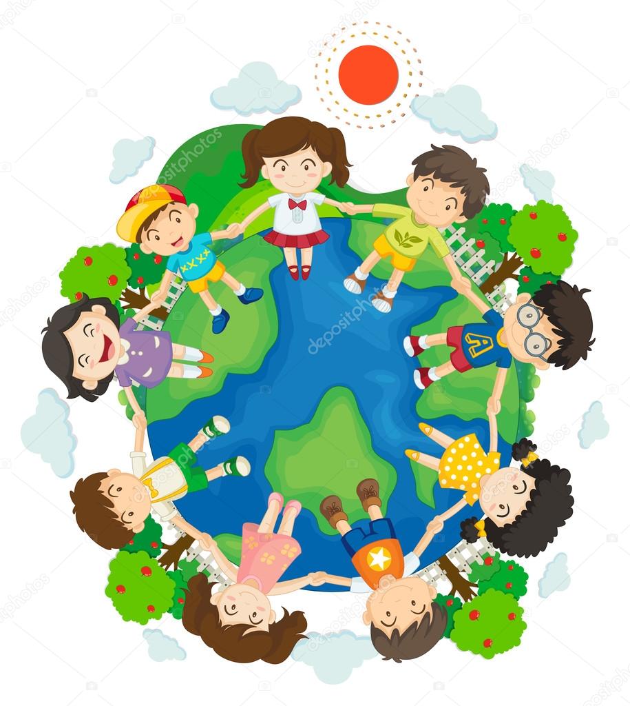 Niños tomados de la mano alrededor de la tierra Vector de stock #95773566  de ©interactimages, image size:915x1024