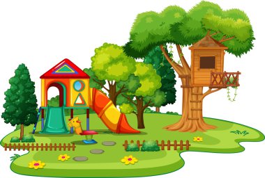 Scene of park with treehouse and slides clipart