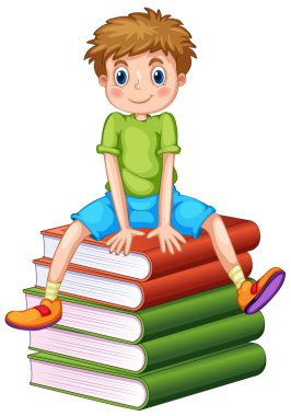 küçük çocuk kitap yığını üzerinde oturan