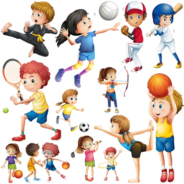 Crianças fazendo diferentes tipos de esportes — Vetor de Stock