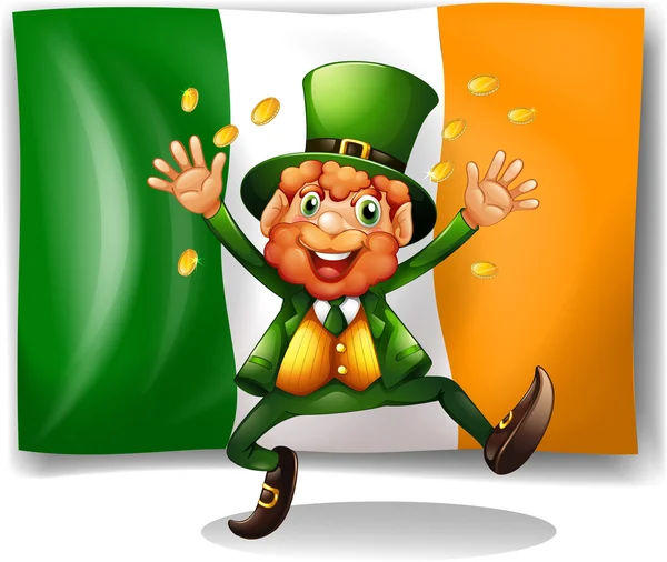 Leprechaun with golden coins by the flag — Stock Vector