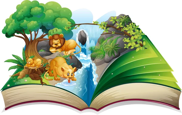 Lion faminly living by the waterfall — Stock Vector