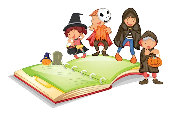 Kinder in Halloween-Kostümen und einem Buch — Stockvektor