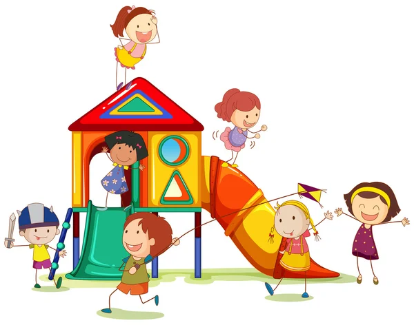 Children playing around the playhouse — Stock Vector