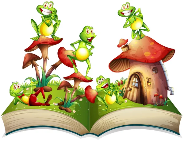 Libro con muchas ranas sonriendo — Archivo Imágenes Vectoriales