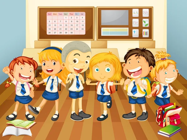 Niños en uniforme en el aula — Vector de stock