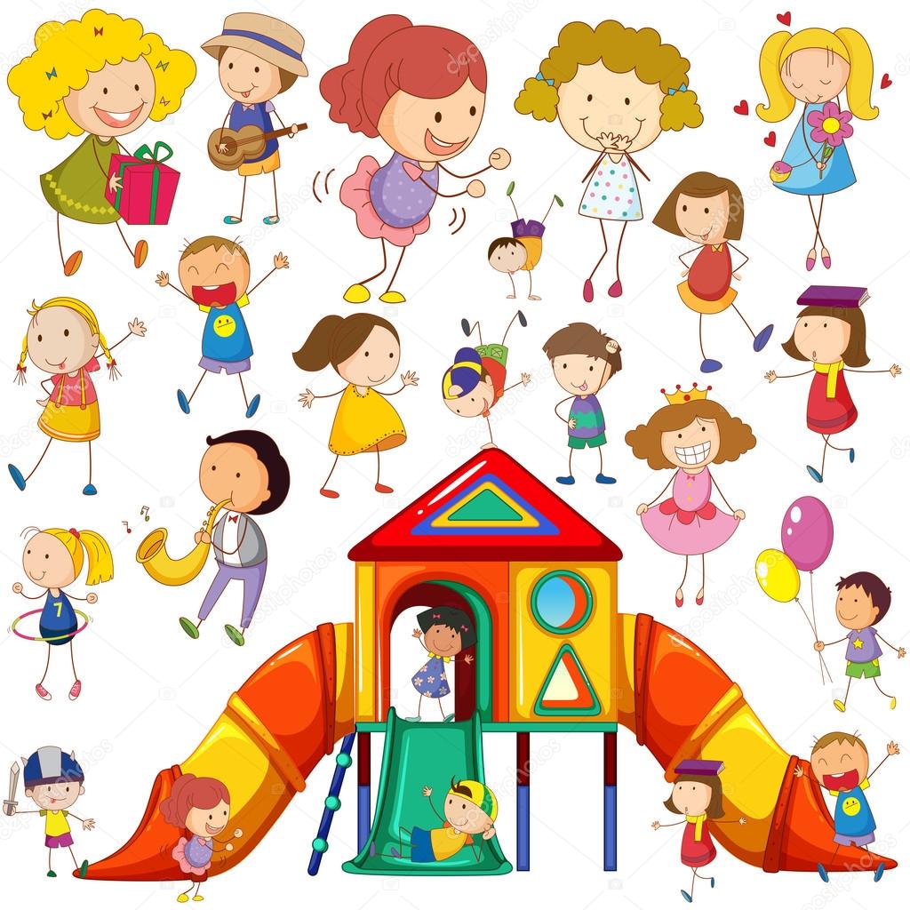 Children doing different actions and playhouse