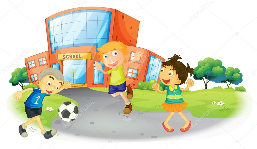 Jogo de futebol da escola. crianças jogando futebol. escadas atléticas,  jogo de salão da escola, ilustração vetorial de área de basquete e futebol