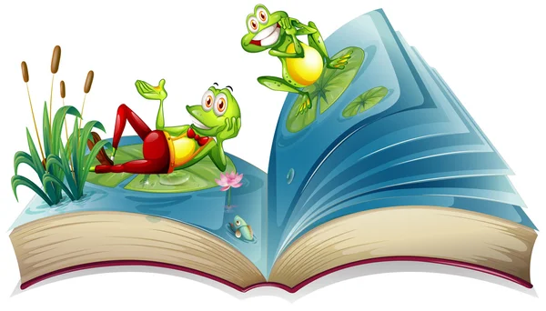 Open book with two frogs in the pond — Stock Vector