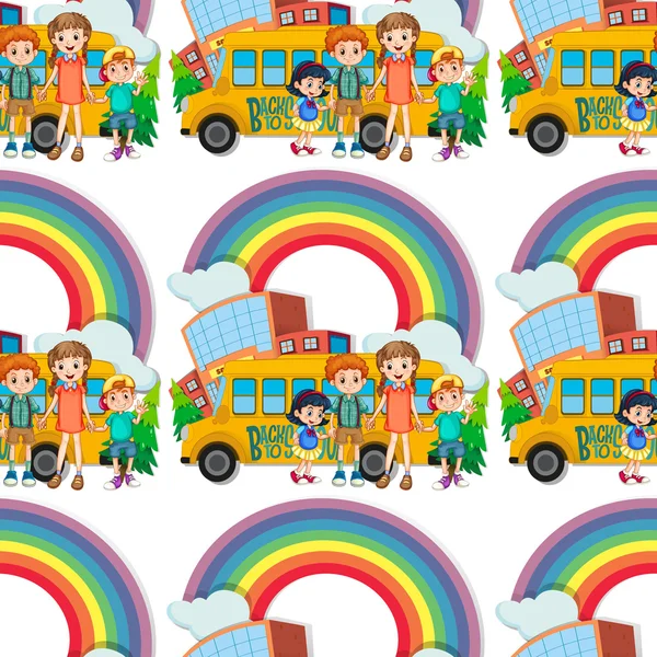 Seamless children standing by the schoolbus — Stock Vector