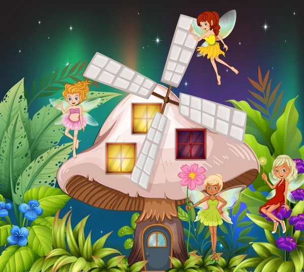 Fairies flying around the mushroom hosue at night — Stock Vector