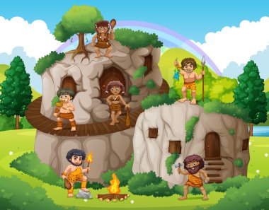 Cave people living in the stone house clipart