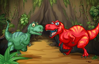 Mağara tarafından iki dinozorlar
