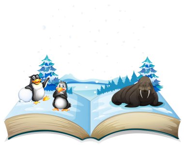 Deniz aslanı ve penguenler buz kitabın