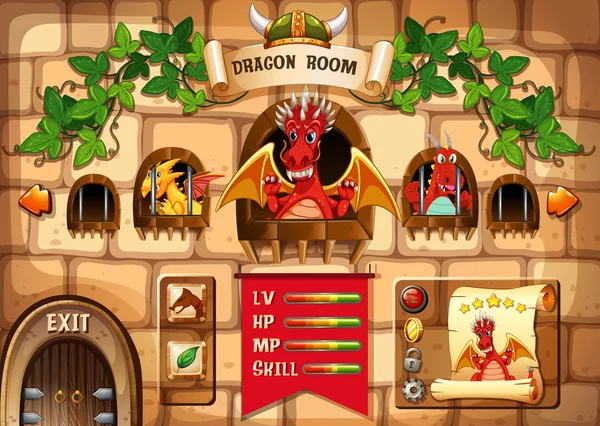 Spel sjabloon met dragon en kasteel achtergrond — Stockvector