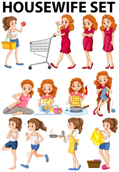 Housewife doing different activities — Stock Vector