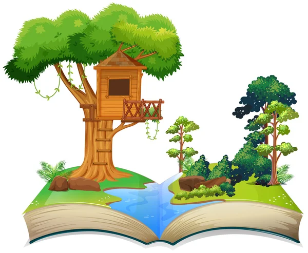 Árbol junto al río en un libro — Vector de stock