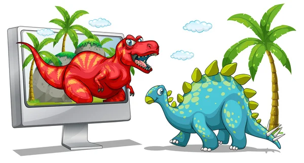 Pantalla de ordenador con dos dinosaurios — Vector de stock
