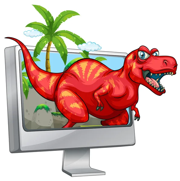 Rode dinosaur coming out van computerscherm — Stockvector