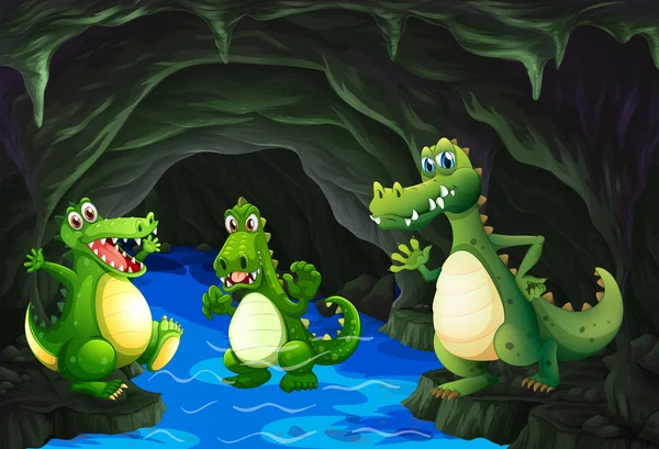 生活在山洞里的三个鳄鱼 — 图库矢量图片