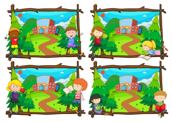 Čtyři scény dětí do školy — Stockový vektor