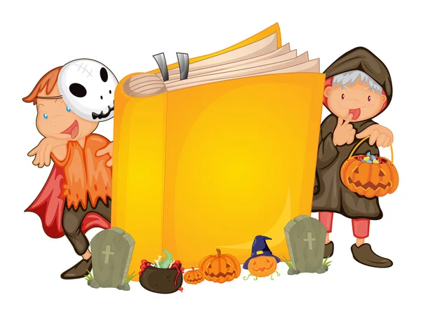 Çocuklar halloween kılık ve bir kitap — Stok Vektör