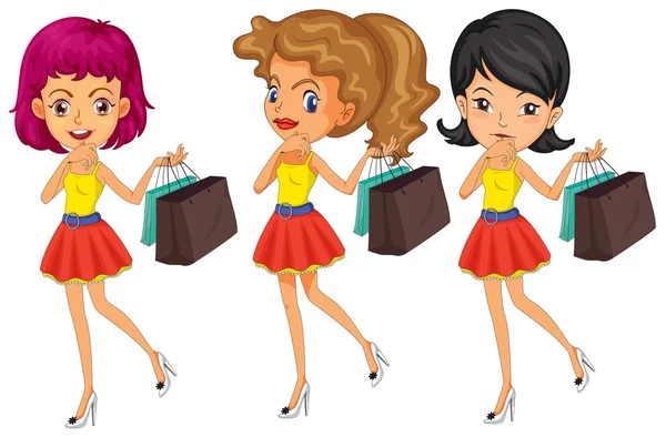 Tres mujeres con bolsas de compras — Vector de stock