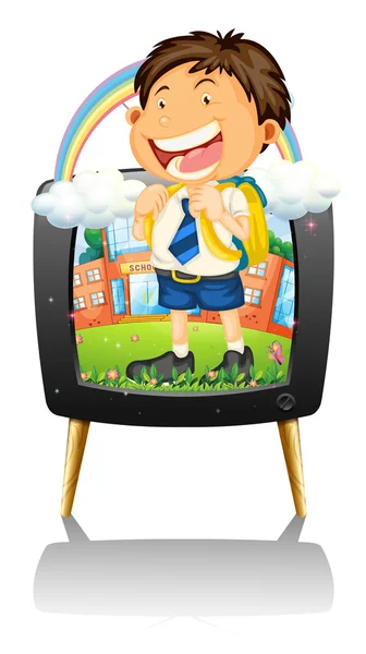 Мальчик в школьной форме на ТВ — стоковый вектор