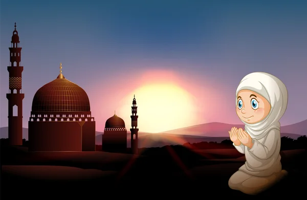 在清真寺祈祷的穆斯林女孩 — 图库矢量图片