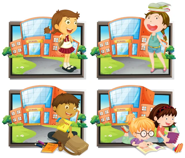 Four scenes of student at school — Stock Vector