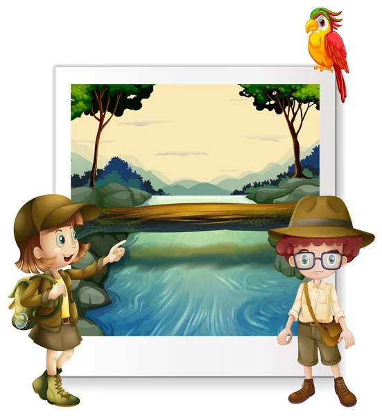 Boy and girl camping out by the river — Stock Vector