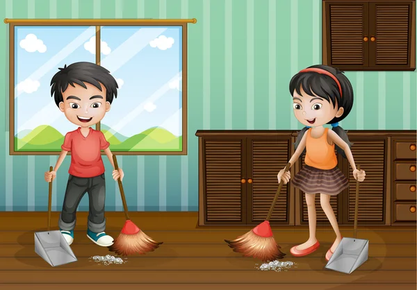 Boy and girl sweeping the floor — Stock Vector