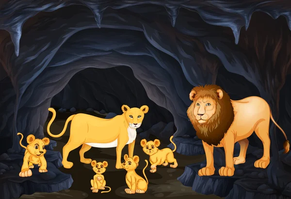 Lion familie met vier cubs — Stockvector