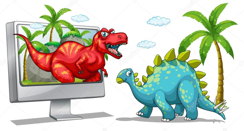 Computer screen with two dinosaurs