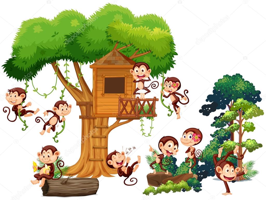 Monkeys playing and climbing up the treehouse