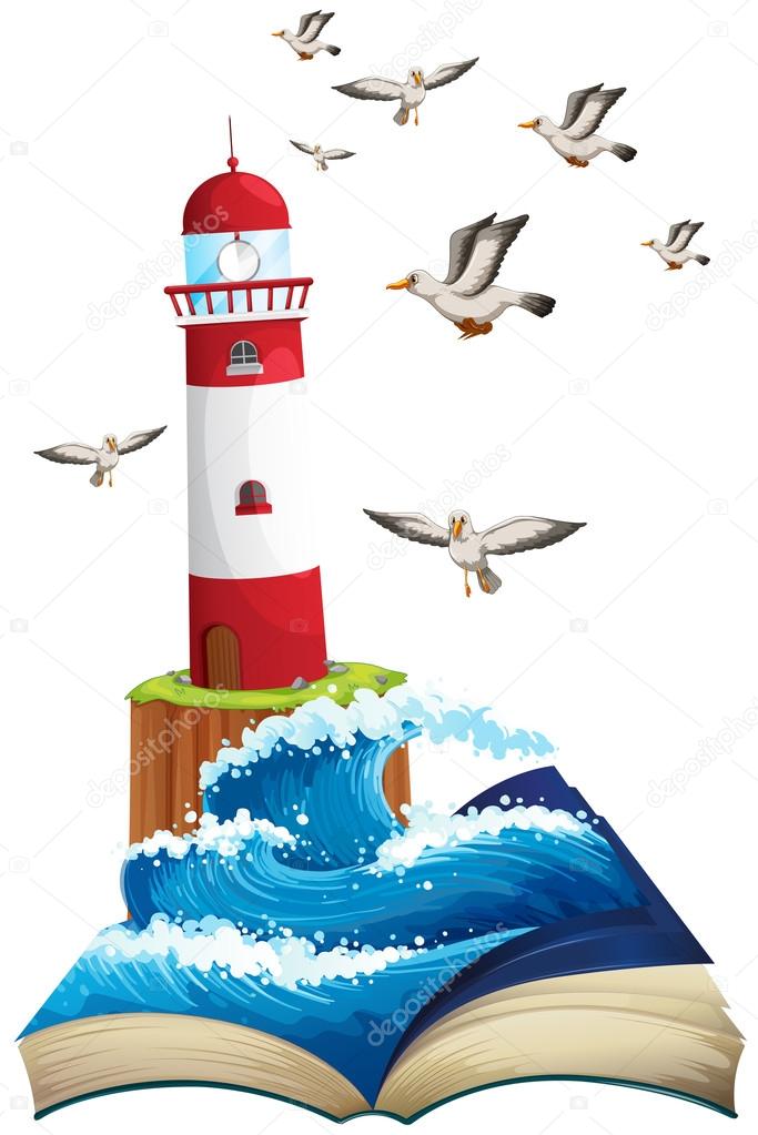 Lighthouse and seagulls at sea