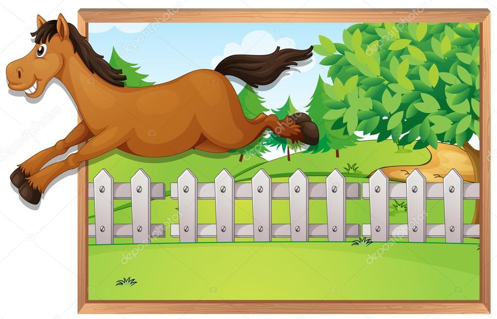 Brown horse jumping over the fence — Stock Vector © interactimages 97034856
