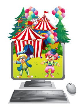 Computer screen with clowns at the circus clipart