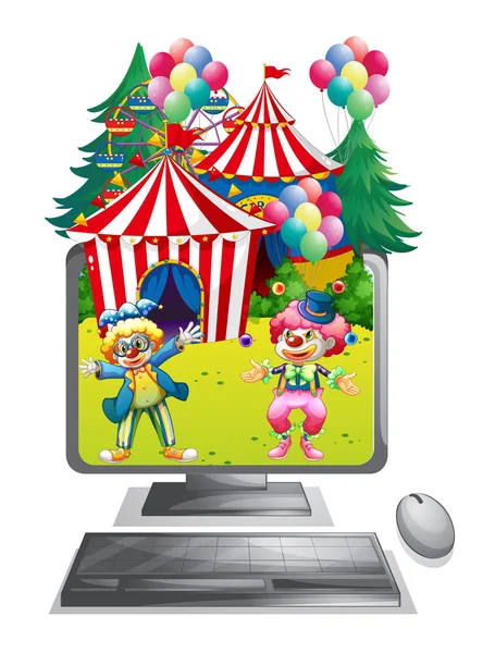 Computer screen with clowns at the circus — Stock Vector