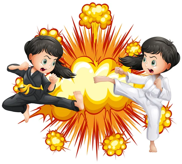 Dos chicas en traje de kungfu peleando — Vector de stock