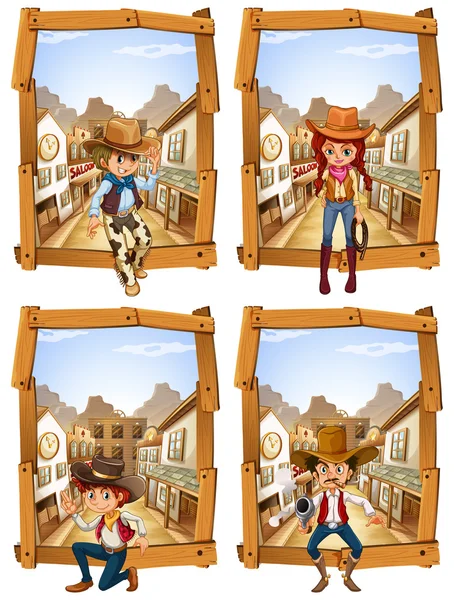 Quatre scènes de cow-boys et cow-girl — Image vectorielle