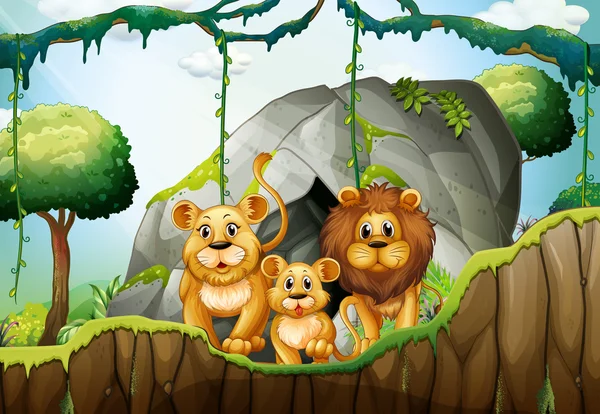 Familia León viviendo en la selva — Vector de stock