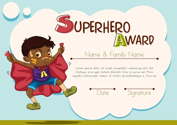 Certificate with boy being superhero background — Stock Vector