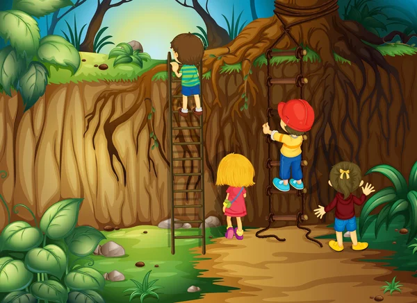 孩子们爬上梯子在树林里 — 图库矢量图片