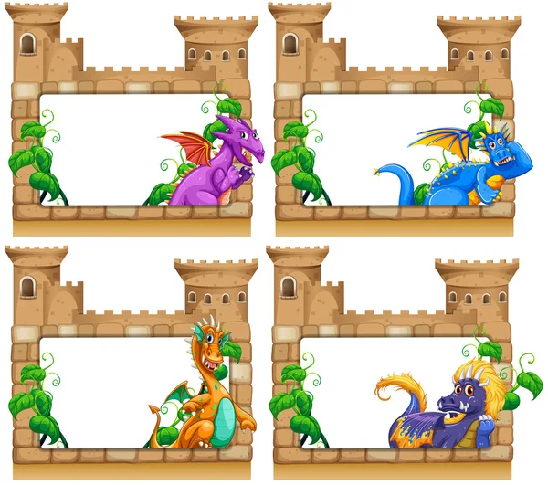 Conception de cadre avec dragon et château — Image vectorielle