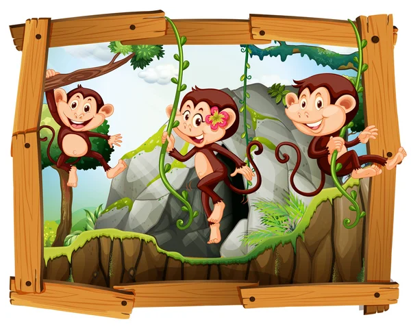Monkeys and cave in the wooden frame — Stock Vector