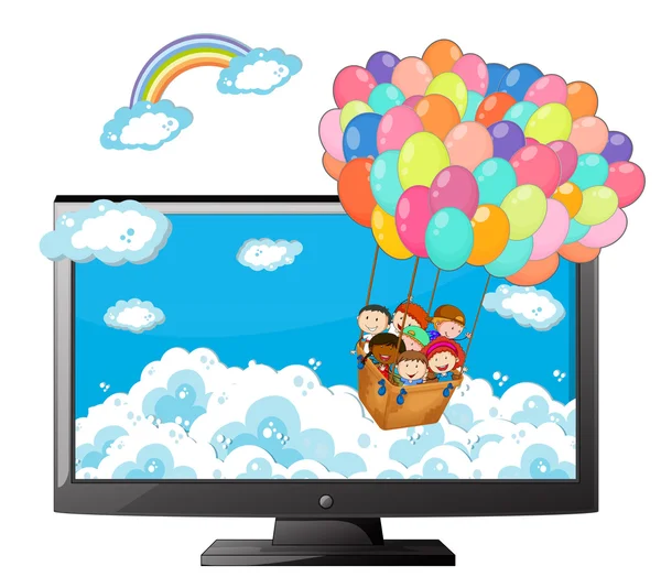 Pantalla de televisión con niños montando en globo — Vector de stock