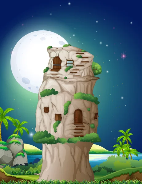 石头房子在满月的夜晚 — 图库矢量图片