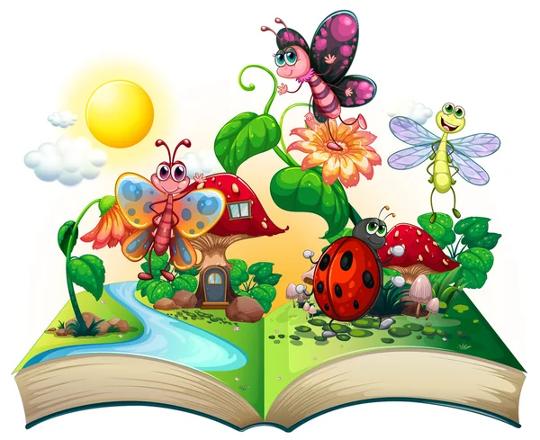 Butterflies and other insects in the book — Stock Vector